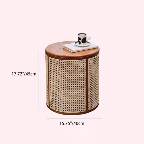 Traditional Japanese Round Cylinder Wood Rattan Side Table 1-Storage For Living Room - Image 4