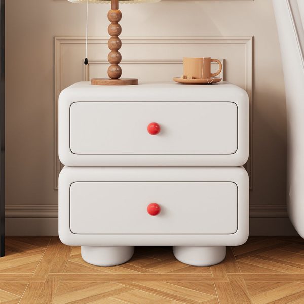 Modern Minimalist Faux Leather Solid Wood Rounded Square Nightstand 2-Drawer Bedroom Cabinet - Image 3