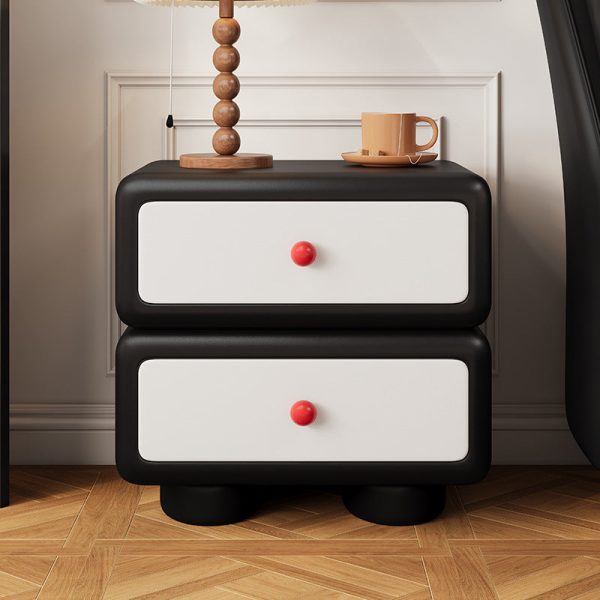 Modern Minimalist Faux Leather Solid Wood Rounded Square Nightstand 2-Drawer Bedroom Cabinet - Image 17