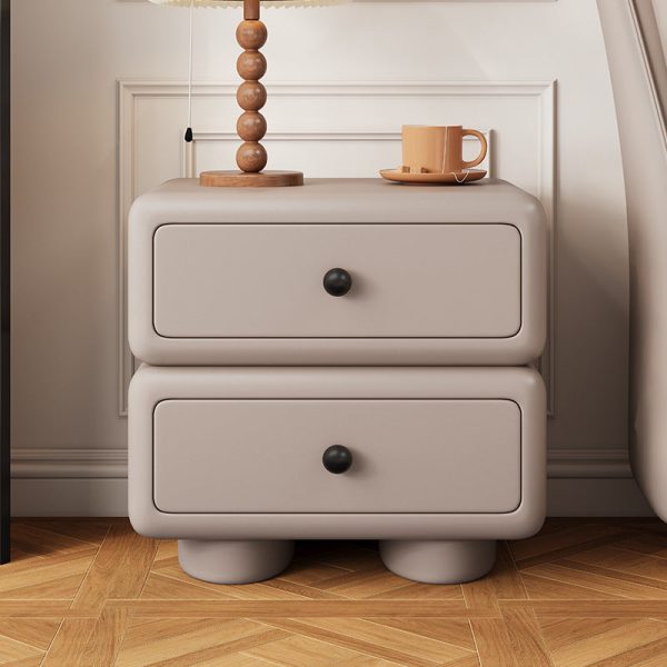 Modern Minimalist Faux Leather Solid Wood Rounded Square Nightstand 2-Drawer Bedroom Cabinet - Image 2