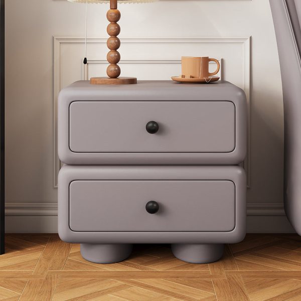 Modern Minimalist Faux Leather Solid Wood Rounded Square Nightstand 2-Drawer Bedroom Cabinet - Image 20