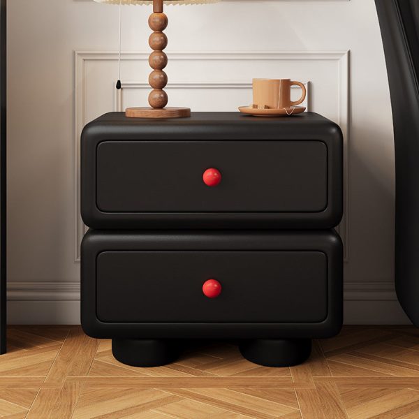 Modern Minimalist Faux Leather Solid Wood Rounded Square Nightstand 2-Drawer Bedroom Cabinet