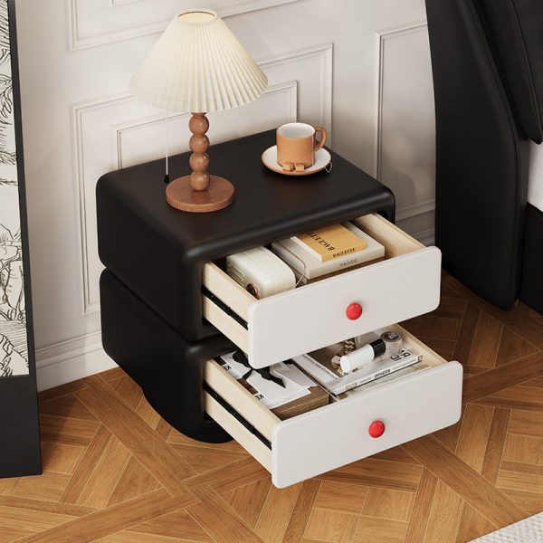 Modern Minimalist Faux Leather Solid Wood Rounded Square Nightstand 2-Drawer Bedroom Cabinet - Image 12