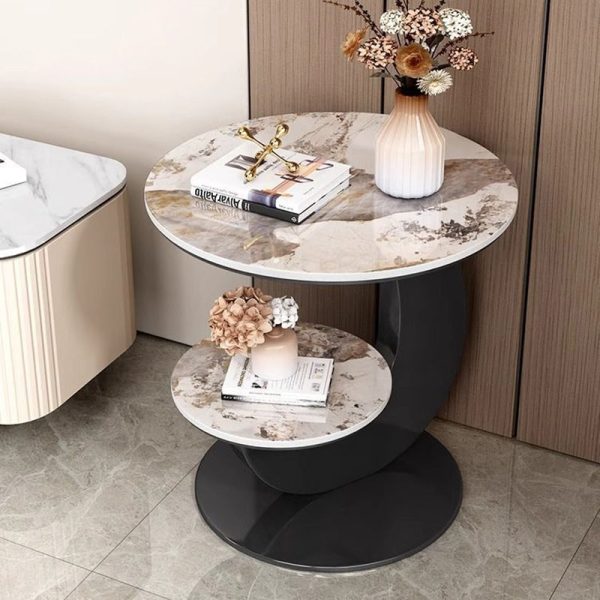 Modern Minimalist Round Curved Metal Rock Slab Side Table 2-Tier For Living Room - Image 6