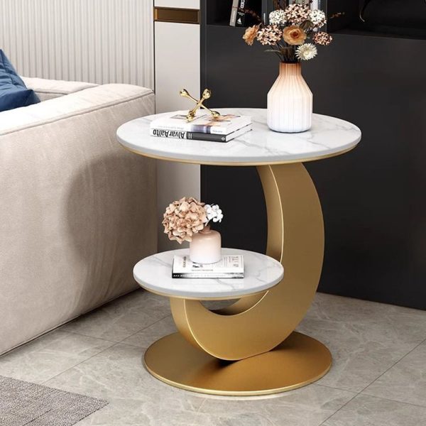 Modern Minimalist Round Curved Metal Rock Slab Side Table 2-Tier For Living Room - Image 11