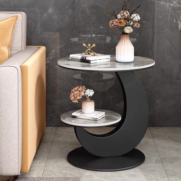 Modern Minimalist Round Curved Metal Rock Slab Side Table 2-Tier For Living Room - Image 12