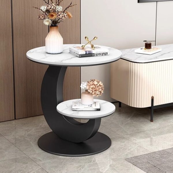 Modern Minimalist Round Curved Metal Rock Slab Side Table 2-Tier For Living Room - Image 13