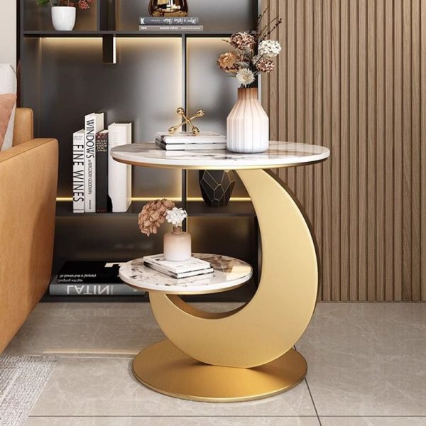 Modern Minimalist Round Curved Metal Rock Slab Side Table 2-Tier For Living Room - Image 14