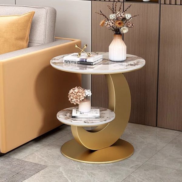 Modern Minimalist Round Curved Metal Rock Slab Side Table 2-Tier For Living Room - Image 15