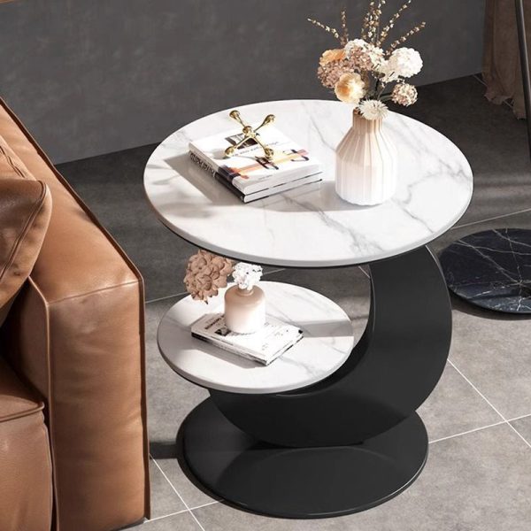 Modern Minimalist Round Curved Metal Rock Slab Side Table 2-Tier For Living Room - Image 16