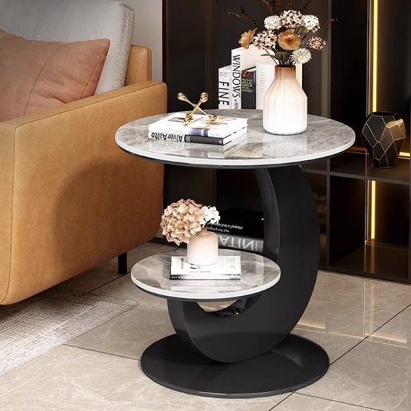 Modern Minimalist Round Curved Metal Rock Slab Side Table 2-Tier For Living Room - Image 17