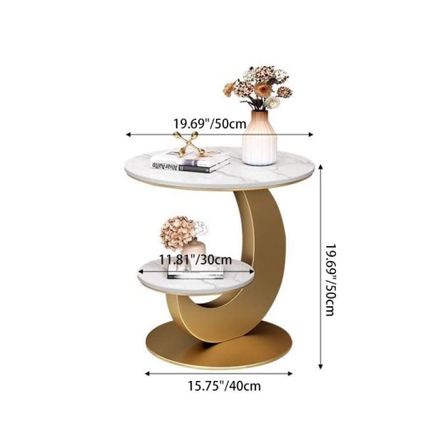 Modern Minimalist Round Curved Metal Rock Slab Side Table 2-Tier For Living Room - Image 4