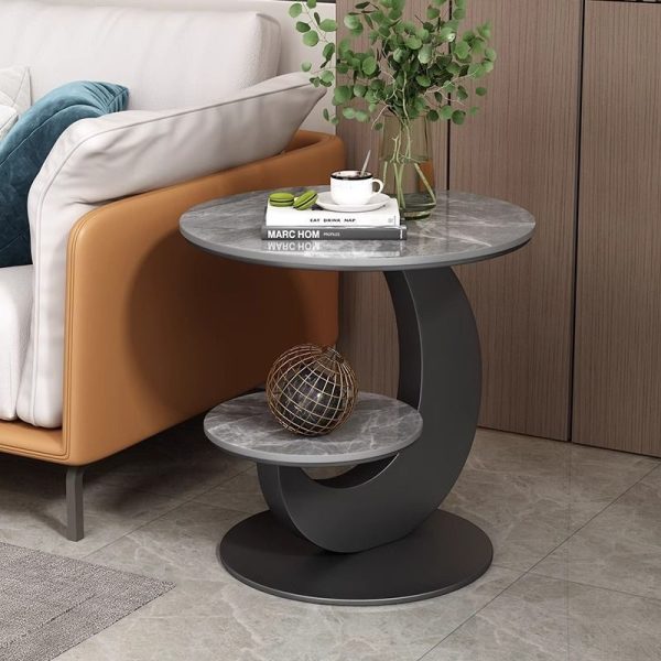 Modern Minimalist Round Curved Metal Rock Slab Side Table 2-Tier For Living Room - Image 7