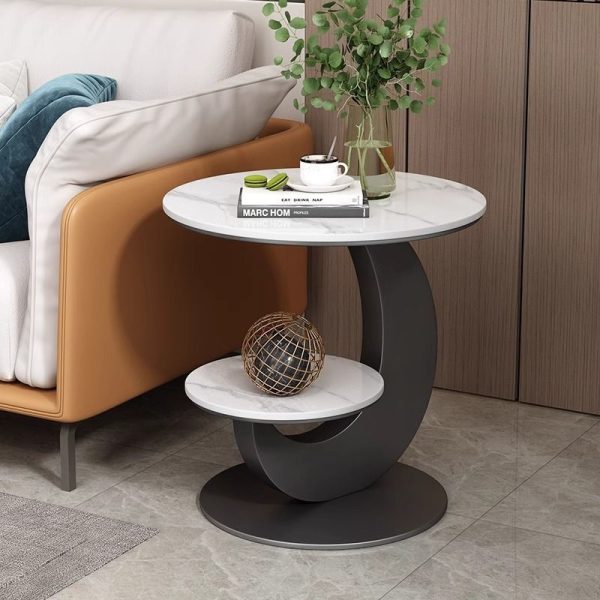 Modern Minimalist Round Curved Metal Rock Slab Side Table 2-Tier For Living Room - Image 3