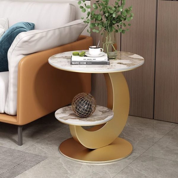 Modern Minimalist Round Curved Metal Rock Slab Side Table 2-Tier For Living Room - Image 2