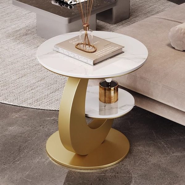 Modern Minimalist Round Curved Metal Rock Slab Side Table 2-Tier For Living Room - Image 9