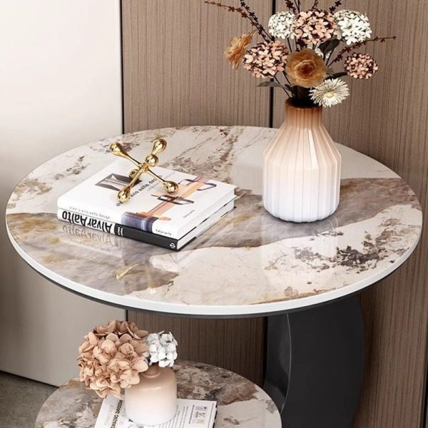 Modern Minimalist Round Curved Metal Rock Slab Side Table 2-Tier For Living Room - Image 5