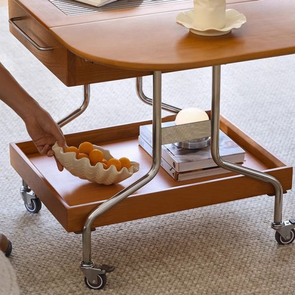Modern Minimalist Removable Foldable Rectangular Oval Stainless Steel Cherry Wood Glass Coffee Table 2-Drawer For Living Room - Image 16