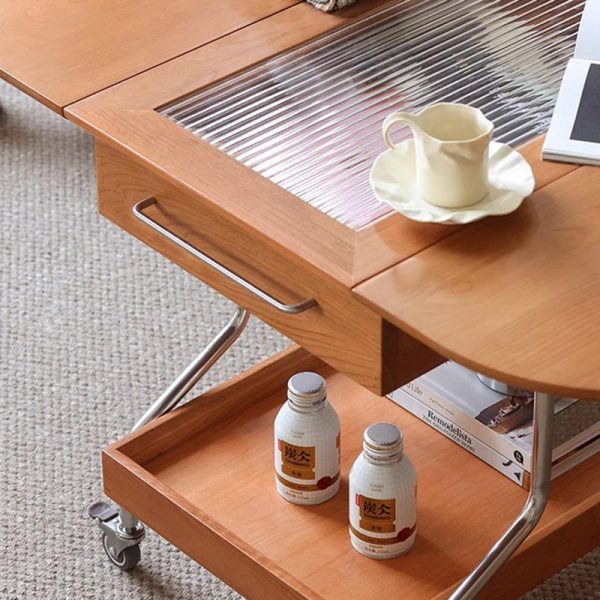 Modern Minimalist Removable Foldable Rectangular Oval Stainless Steel Cherry Wood Glass Coffee Table 2-Drawer For Living Room - Image 21
