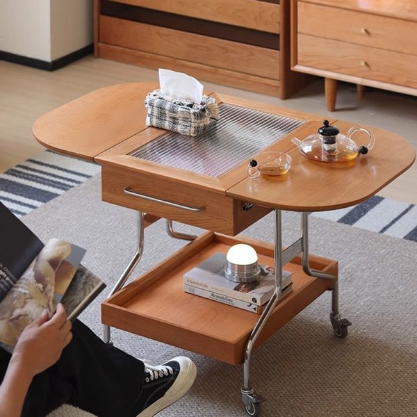 Modern Minimalist Removable Foldable Rectangular Oval Stainless Steel Cherry Wood Glass Coffee Table 2-Drawer For Living Room - Image 14