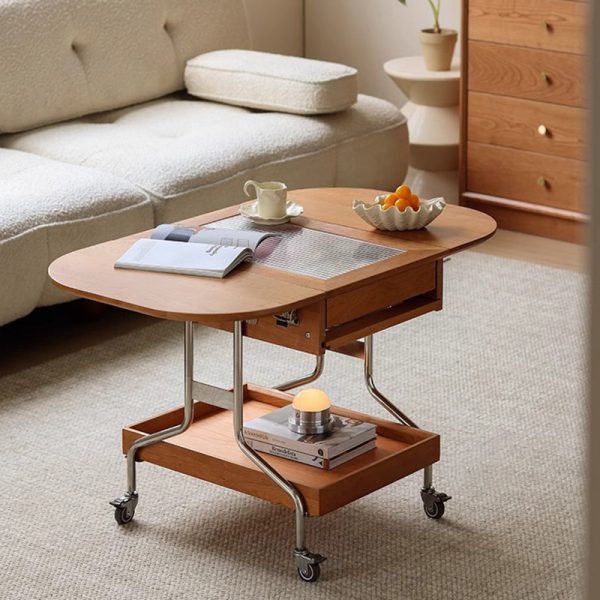 Modern Minimalist Removable Foldable Rectangular Oval Stainless Steel Cherry Wood Glass Coffee Table 2-Drawer For Living Room - Image 15