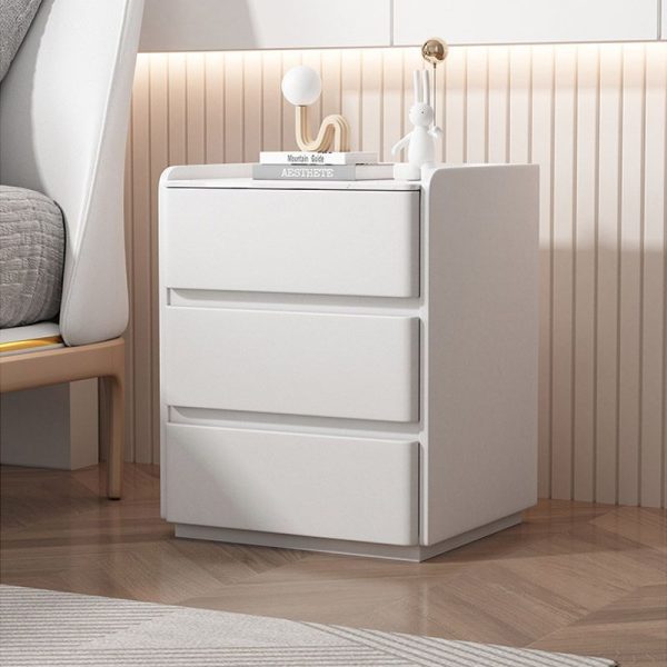 Modern Minimalist Rock Slab, Wood & Microfiber Leather Rectangular Nightstand With 3-Drawers For Bedroom & Living Room