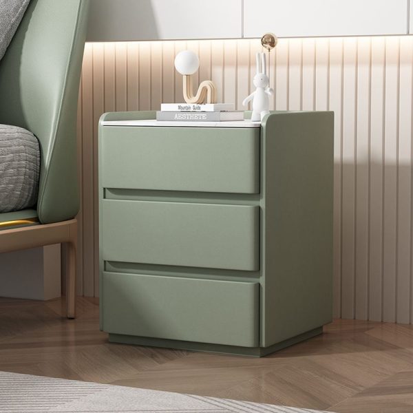 Modern Minimalist Rectangular Wood Microfiber Leather Rock Slab Nightstand 3-Drawer For Bedroom - Image 2