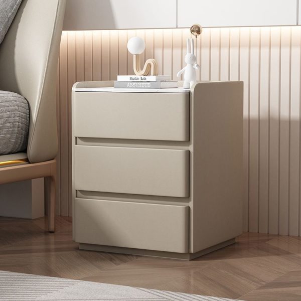 Modern Minimalist Rock Slab, Wood & Microfiber Leather Rectangular Nightstand With 3-Drawers For Bedroom & Living Room - Image 15