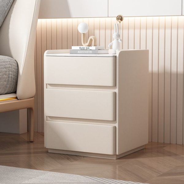 Modern Minimalist Rock Slab, Wood & Microfiber Leather Rectangular Nightstand With 3-Drawers For Bedroom & Living Room - Image 3