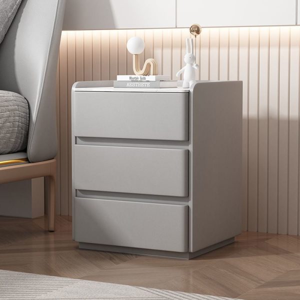 Modern Minimalist Rock Slab, Wood & Microfiber Leather Rectangular Nightstand With 3-Drawers For Bedroom & Living Room - Image 16