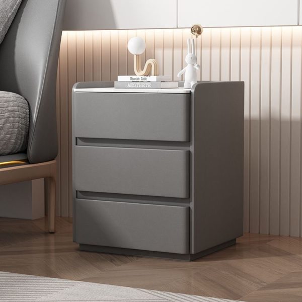 Modern Minimalist Rock Slab, Wood & Microfiber Leather Rectangular Nightstand With 3-Drawers For Bedroom & Living Room - Image 14