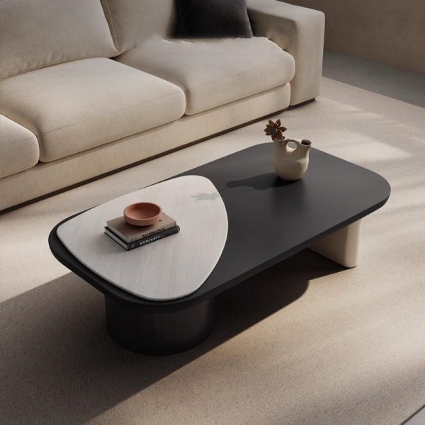 Contemporary Scandinavian Rectangular Wood Microcrystalline Stone Coffee Table For Living Room - Image 9