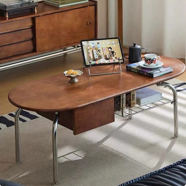 Traditional Vintage Oval Wood Stainless Steel Coffee Table 1-Drawer For Living Room - Image 11