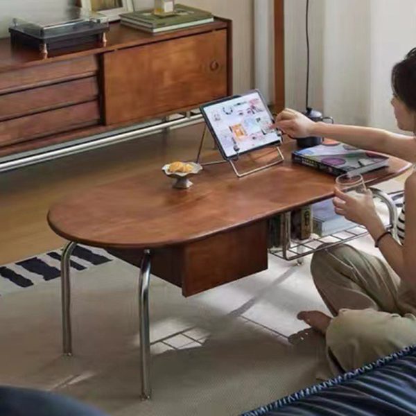 Traditional Vintage Oval Wood Stainless Steel Coffee Table 1-Drawer For Living Room - Image 12
