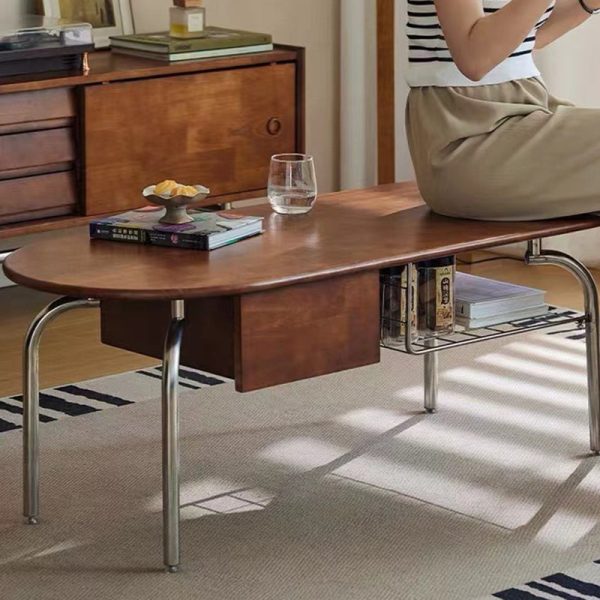 Traditional Vintage Oval Wood Stainless Steel Coffee Table 1-Drawer For Living Room - Image 14