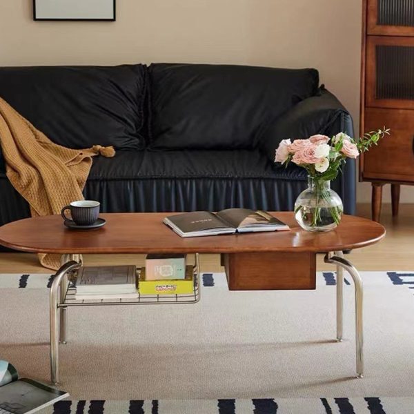 Traditional Vintage Oval Wood Stainless Steel Coffee Table 1-Drawer For Living Room - Image 2