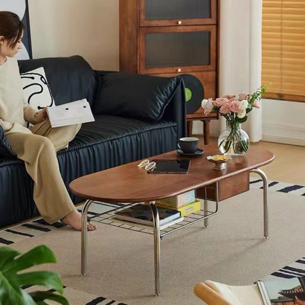 Traditional Vintage Oval Wood Stainless Steel Coffee Table 1-Drawer For Living Room - Image 16