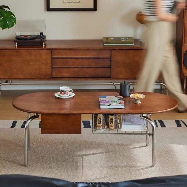 Traditional Vintage Oval Wood Stainless Steel Coffee Table 1-Drawer For Living Room - Image 15