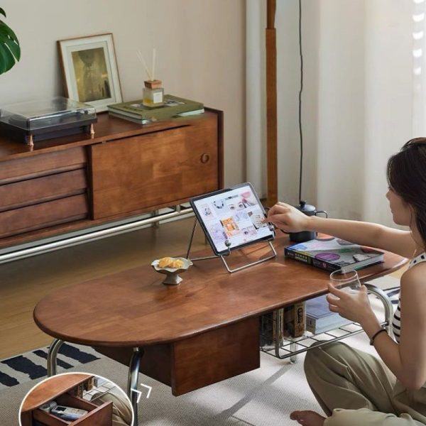 Traditional Vintage Oval Wood Stainless Steel Coffee Table 1-Drawer For Living Room - Image 17