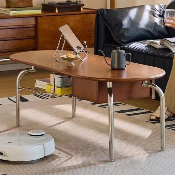 Traditional Vintage Oval Wood Stainless Steel Coffee Table 1-Drawer For Living Room - Image 18