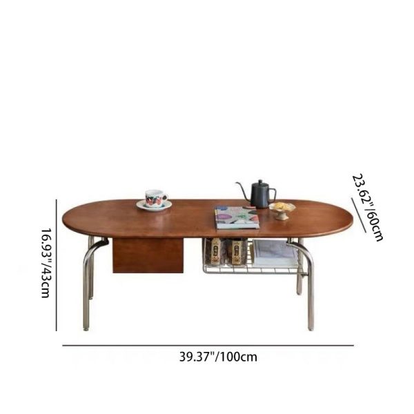 Traditional Vintage Oval Wood Stainless Steel Coffee Table 1-Drawer For Living Room - Image 4