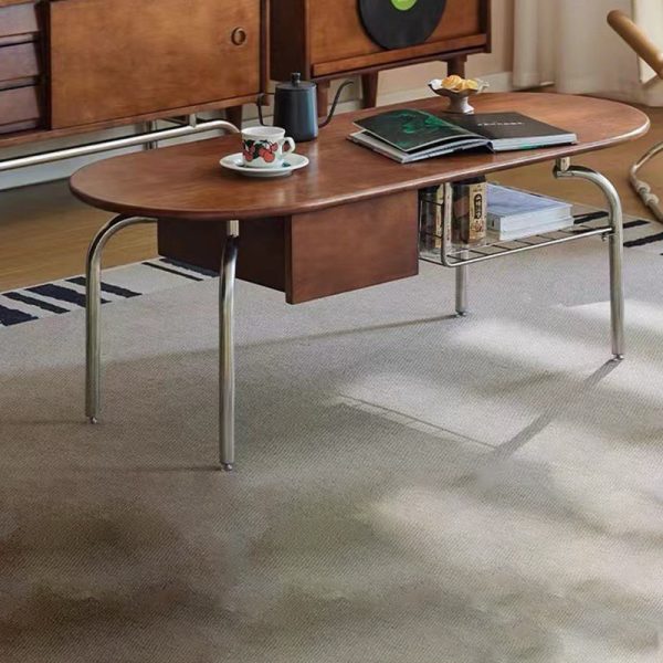 Traditional Vintage Oval Wood Stainless Steel Coffee Table 1-Drawer For Living Room - Image 3