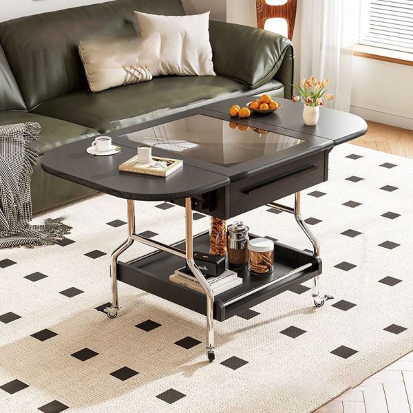 Traditional Vintage Removable Expandable Foldable Oval Wood Glass Stainless Steel Coffee Table 1-Drawer For Living Room - Image 3