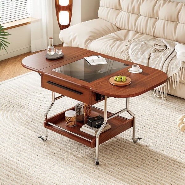 Traditional Vintage Removable Expandable Foldable Oval Wood Glass Stainless Steel Coffee Table 1-Drawer For Living Room - Image 12
