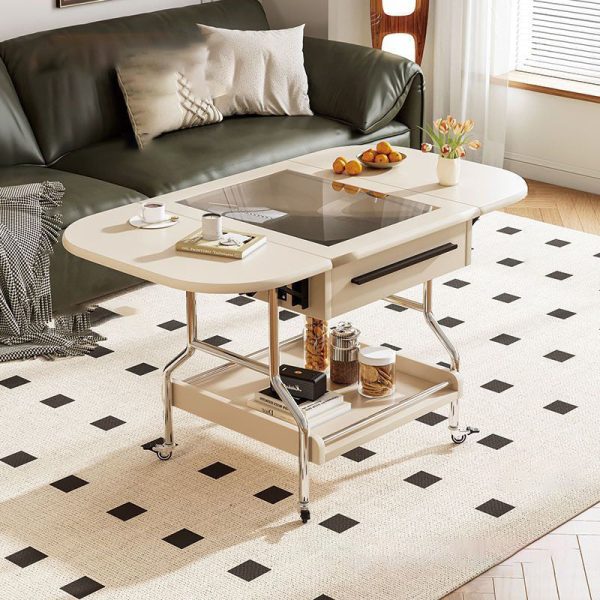 Traditional Vintage Removable Expandable Foldable Oval Wood Glass Stainless Steel Coffee Table 1-Drawer For Living Room - Image 2