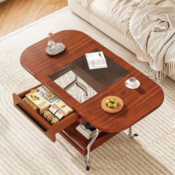 Traditional Vintage Removable Expandable Foldable Oval Wood Glass Stainless Steel Coffee Table 1-Drawer For Living Room - Image 10