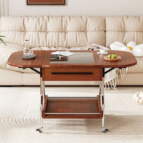 Traditional Vintage Removable Expandable Foldable Oval Wood Glass Stainless Steel Coffee Table 1-Drawer For Living Room - Image 11