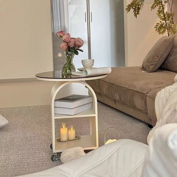 Contemporary Scandinavian Cream Removable Round Rectangular Arched Iron Glass Side Table 3-Tier For Living Room - Image 12