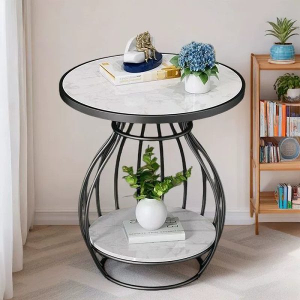 Modern Minimalist Round Oval Square Metal Rock Slab Side Table 2-Tier For Living Room - Image 7