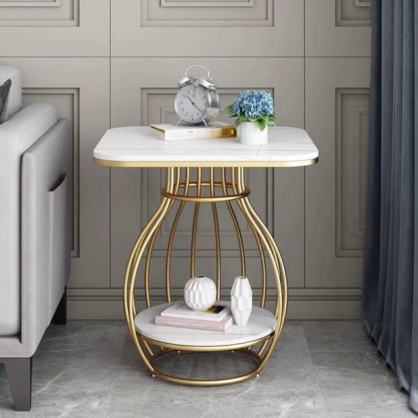 Modern Minimalist Round Oval Square Metal Rock Slab Side Table 2-Tier For Living Room - Image 6
